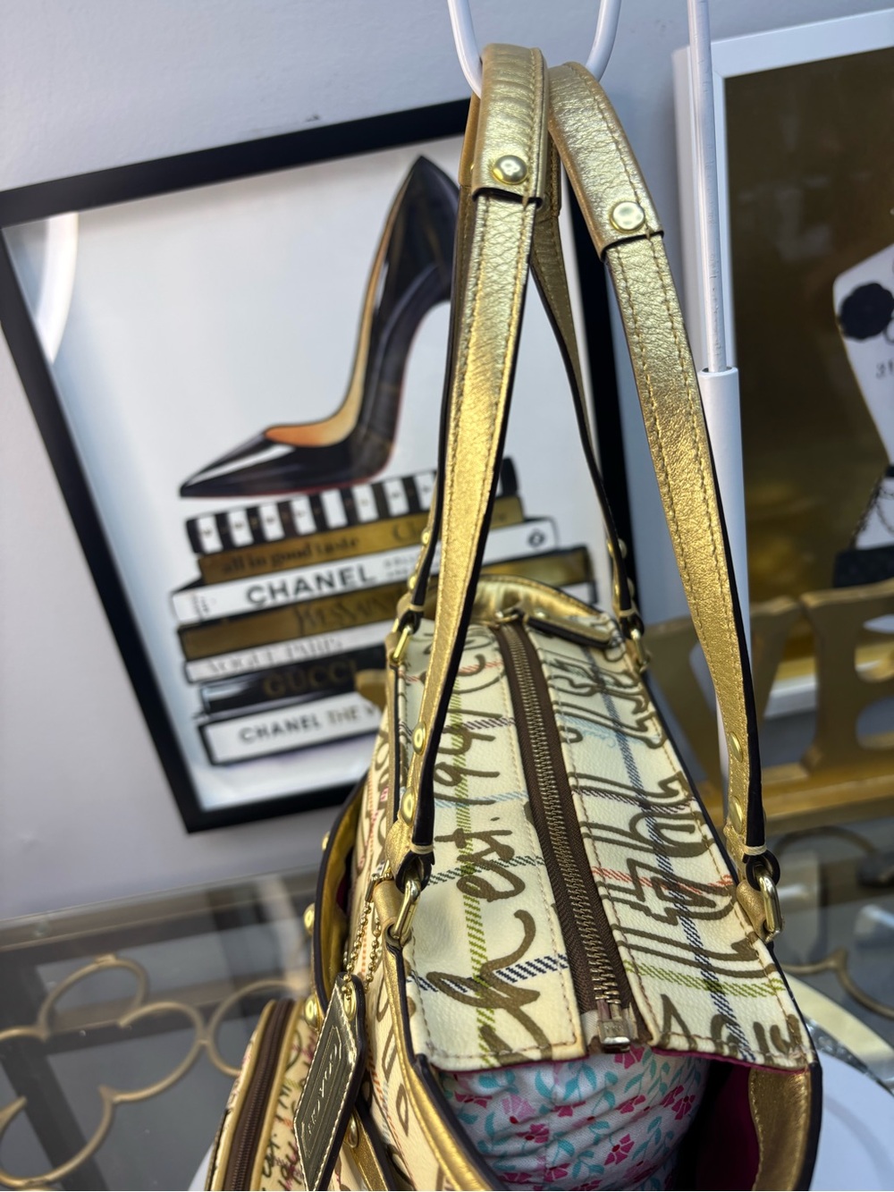 Coach 2009 Heritage Tattersall Graffiti Gold Tote W/ matching cosmetic pouch EUC - Picture 10 of 16